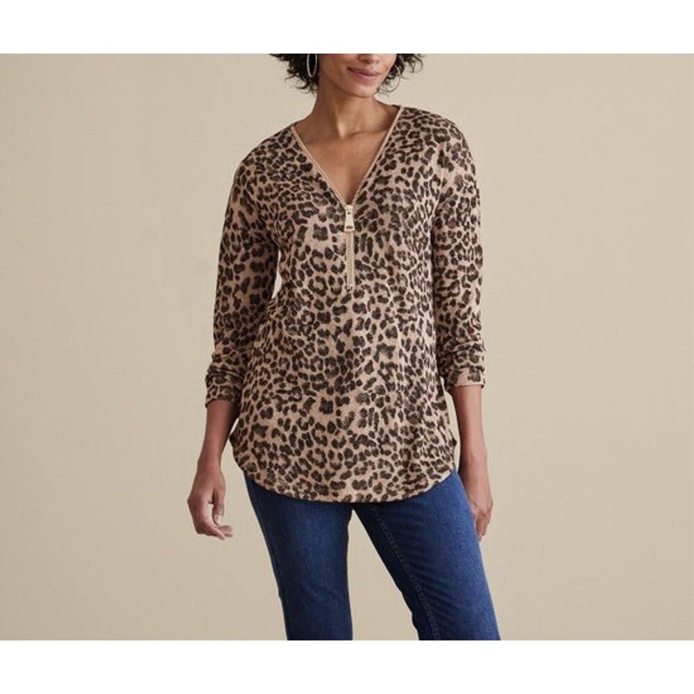 Soft Surroundings Brown Leopard Valentina Zip Sweater Women's MEDIUM‎